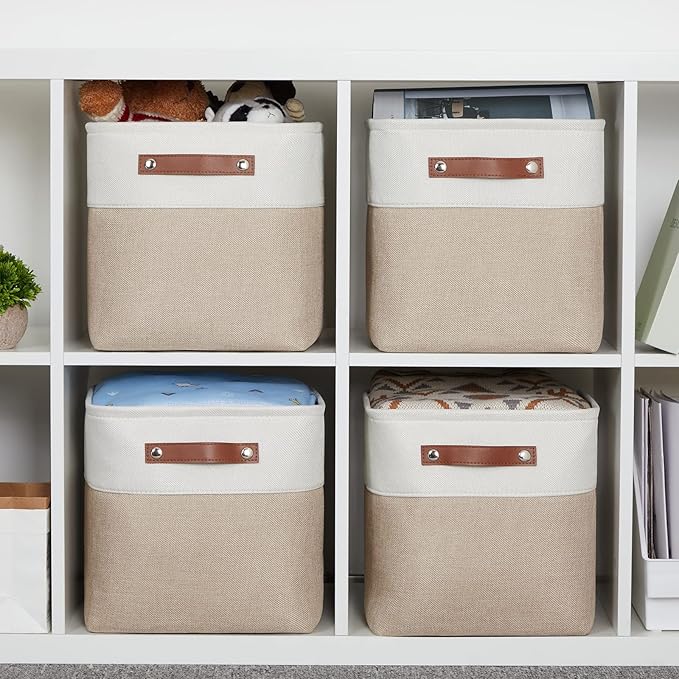 HNZIGE Foldable Storage Cubes Baskets for Organizing Set of 4, Fabric Cube Storage Bins 11 x11, Collapsible Storage Basket Bins Cube with Handles for Shelves Home Nursery(White Beige)