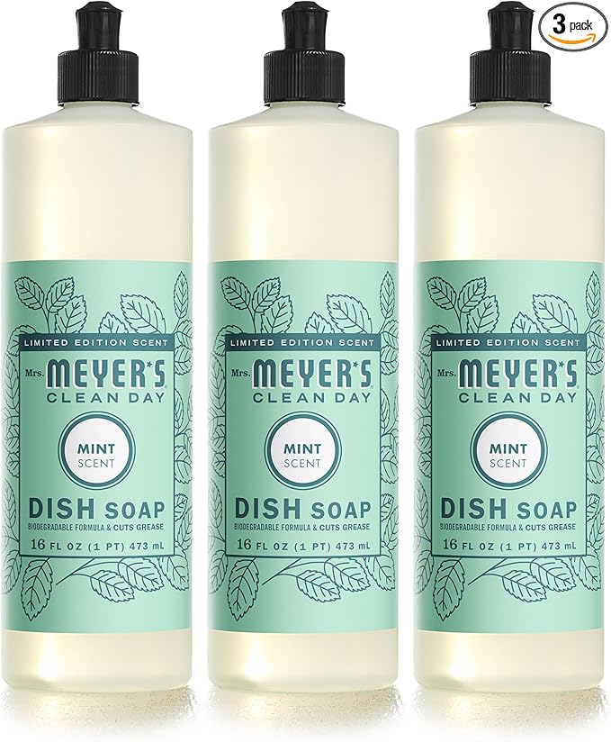 MRS. MEYER'S CLEAN DAY Liquid Dish Soap, Biodegradable Formula, Limited Edition Mint, 16 fl. oz - Pack of 3