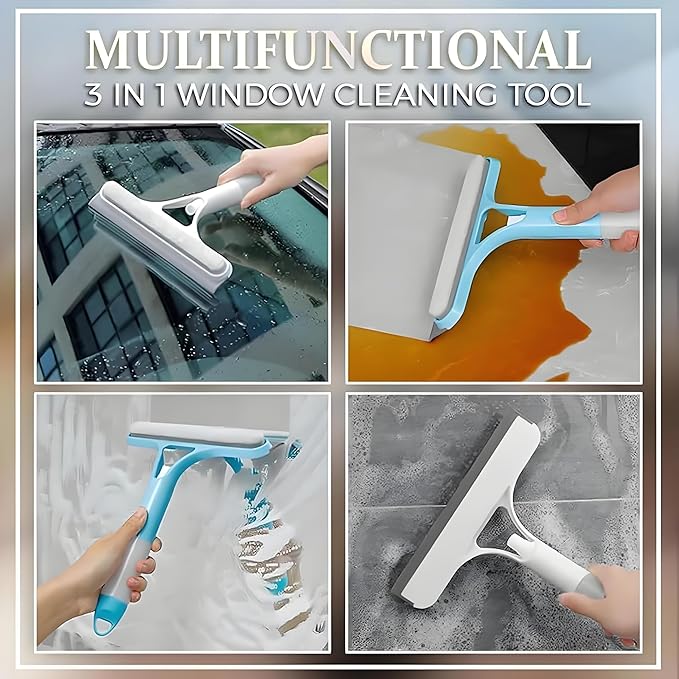 3 in 1 Window Cleaning Scraper, Window Squeegee with Spray 3 in 1 Glass Cleaner Squeegee and Scrubber with Spray for Car Home Kitchen （White）