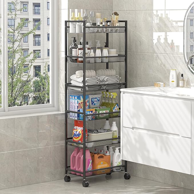 6 Tier Slim Rolling Storage Cart, Narrow Mobile Shelving Unit Organizer Utility Cart with Wheels, Metal Wire Storage Rack with Baskets for Kitchen, Bathroom, Laundry & Living Room, 10in(W)