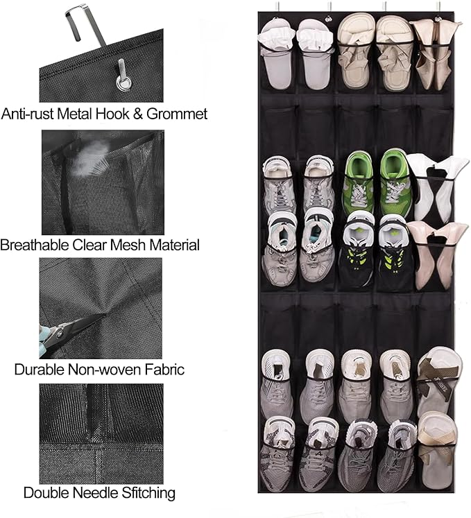 Over The Door Shoe Organizer, 35 Mesh Pockets Shoe Rack for Closet, Entryway, Bathroom, Heavy-Duty Hanging Storage for Sneakers, Heels, Flip Flops & More (Black)