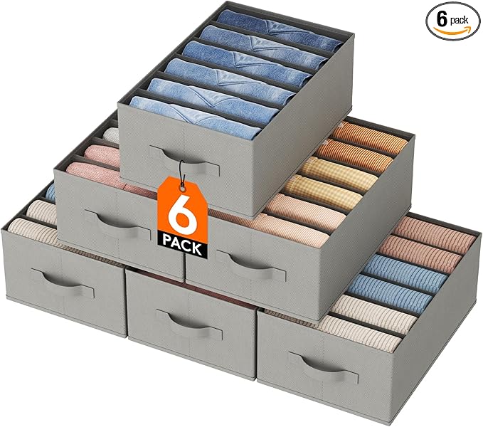 Lifewit 6 Pack Clothes Organizer, 6 Grids Closet Jean Storage Bins with Handles and Support Boards, Foldable Drawer Organizer for Sweater, Pants, T-shirt, Dress, Grey, Size 16.5''x10.6''x7.1''