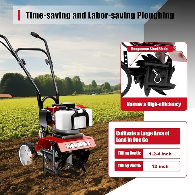 2HP Garden Tiller Cultivator 52CC 2 Stroke Gasoline Engine Mini Tiller Cultivator Rotary Hoe Rototiller Garden Yard Soil Tilling Machine