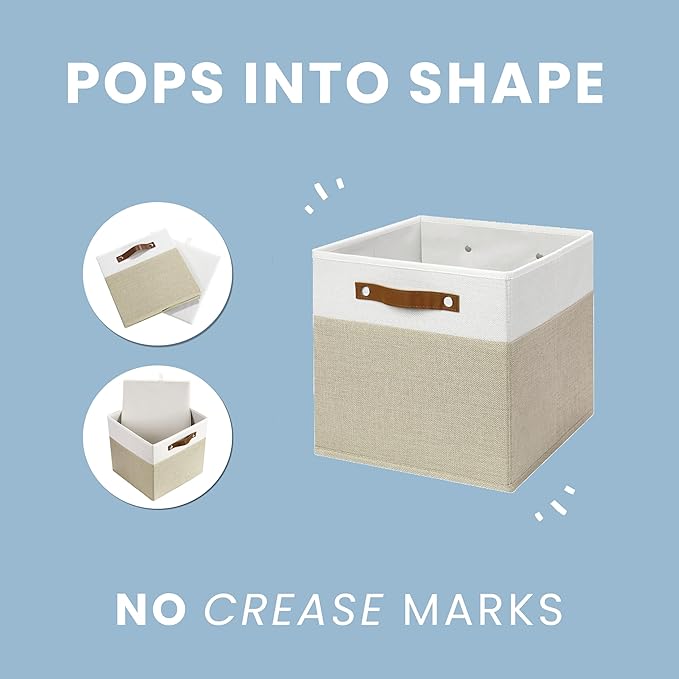 OrganiHaus 13" x 13" x 13" Cube Fabric Storage Bins Set of 4, Fabric Storage Cubes w/ Vegan Handles, 13 inch Collapsible Bins for Clothes & Toy Organizer, 13x13 Basket for Decor - Beige/White