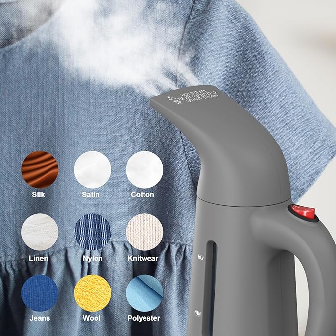Steamer for Clothes, Handheld Garment Steamer, Portable Clothes Steamer Remove Wrinkle, 180ml Water Tank, 12 minutes Continuous Steam, 2.3 meter Cord, Ideal for ALL Fabrics, One button Design (Gray)
