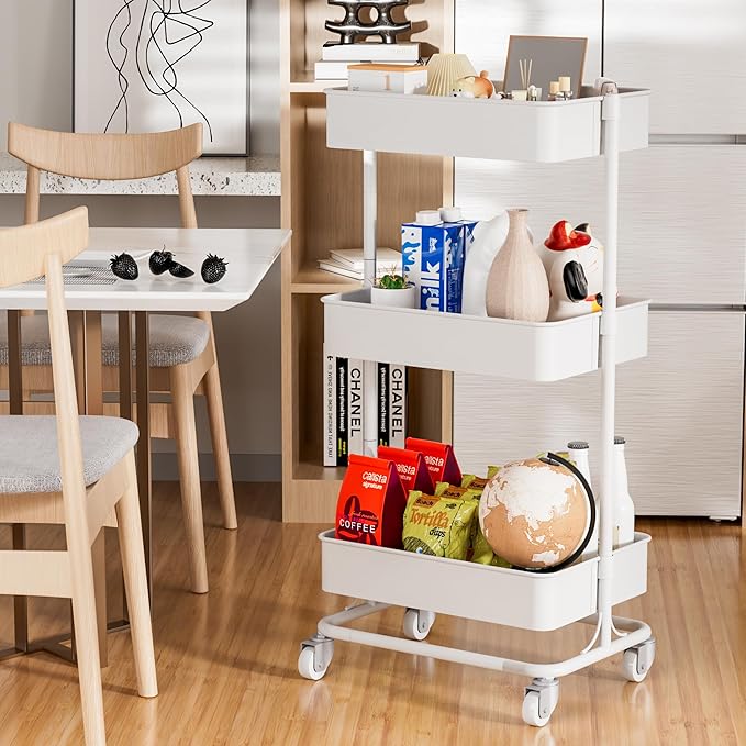 TECBOT 3 Tier Metal Rolling Cart with Wheels, Utility Storage Cart with Handle and Lockable Casters, Storage Basket Organizer Shelves, Easy Assemble for Kitchen, Living Room, Office, Nursery, White