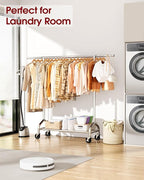 Sakugi Heavy Duty Clothes Rack - Garment Rack with Extendable Side Rods & Bottom Shoe Shelf, 25mm Stainless Steel Frame with Wheels, 49.8–74.8'' x 62.6'' x 16.5'', Silver