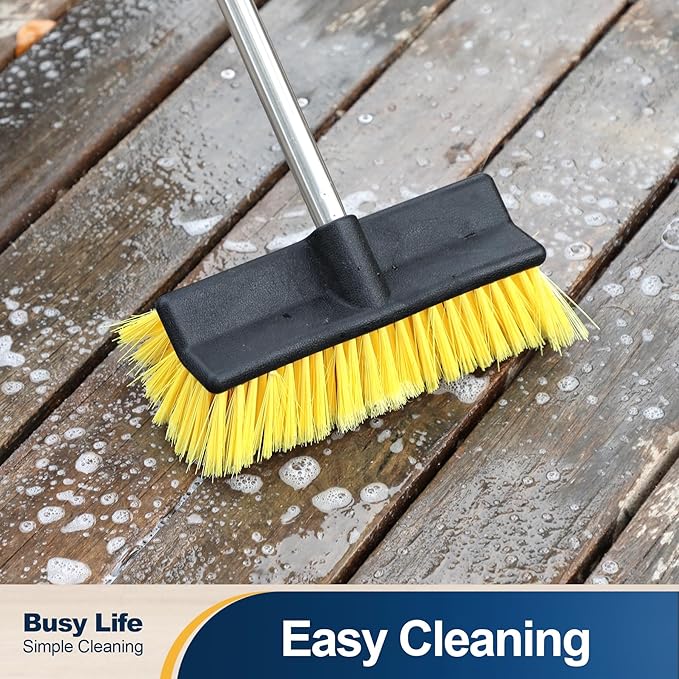 Yocada Deck Brush with 4-Section Extendable Handle Floor Scrub Brush Soft &Medium Bristles Non-Slip Grip for Outdoor Deck Patio Bathroom Garage Concrete Cleaning 53.89 Inch