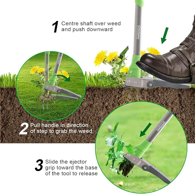 Grootpow WP5 Heavy Duty Weed Puller Tool, Stand Up Dandelion Weeder with 40" Handle, 3 Claws & Fiberglass Foot Pedal, Weeding Tool Made with Cast-Iron, Easily Remove Weeds Without Bending or Kneeling