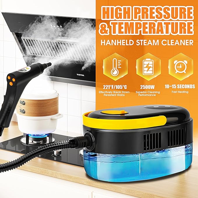 Handheld Steam Cleaner 1200ML Large Capacity Steamer for Cleaning, 6-Level Handle Remote Control Steamer, High Pressure Steam Cleaner for Home, Kitchen, Car, Windows - 12 Attachments Cleaning Tools