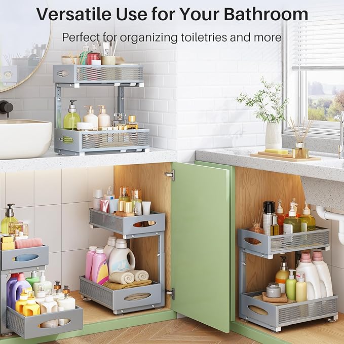 Under Sink Organizer, 2 Pack 2 Tier Pull out Cabinet Organizer Baskets with Mesh Sliding Drawers, Slide out Sink Storage Shelves for Home, Kitchen, Bathroom, Pantry, Office Organizers and Storag,Grey