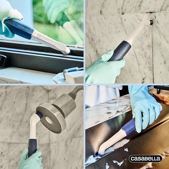 Casabella Power Scrubber Handheld Electric Spin Detail Scrubber for Cordless Cleaning Ergonomic Construction IPX 6 Water Resistance 440RPM Includes 3 Cleaning Heads, 10.4-Inch, White