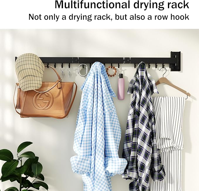 Clothes Drying Rack for Laundry,Wall Mounted Clothes Hanger Rack,Folding,Retractable,Collapsible(J Shape Hooks)