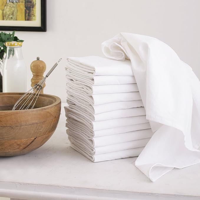 DG Collections 100% Cotton Flour Sack Towels – 24 Pack, 27x27 Inches, White, Lint-Free, Pre-Washed, Hemmed Edges – Reusable Kitchen Towels for Cleaning, Embroidery, Printing & Crafts - White