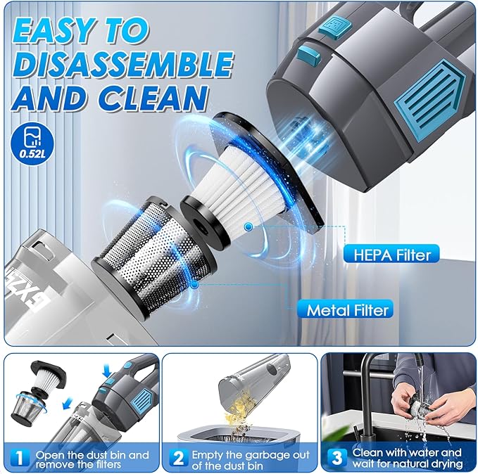 Handheld Vacuum Cordless, 15000PA Strong Suction Hand Held Car Vacuum Cleaner Rechargeable, Portable Hand Vacuum with Multi-Nozzles & Washable Filter for Home Office, Car, Pets