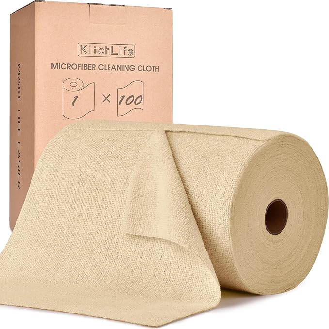 KitchLife Microfiber Cleaning Cloth Roll, 100 Pack - Tear-Away Microfiber Paper Towels, Lint-Free, Reusable, Washable for Kitchen, Car, Dishes, and Sensitive Surfaces (Wheat)