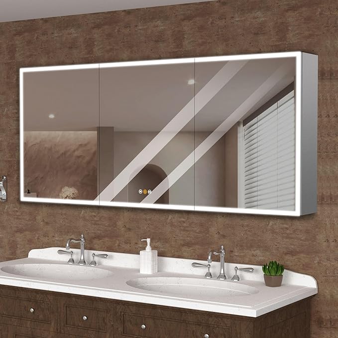 Gray Medicine Cabinets for Bathroom with Mirror, LED Medicine Cabinets Mirror with Defogger, Bathroom Medicine Cabinet with Dimmer, Outlets & USB, 60”W x 36”H, Surface Mounted