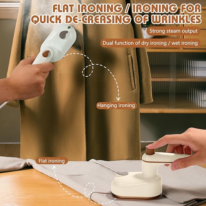 Handheld Portable Steam Iron, 2-in-1 Steamer and Iron, Saker Portable Steamer for Clothes, Continuous Steam & Dry Ironing, 180° Swivel Handle, Compact for Home, Dorm, Travel, Hotels (White)