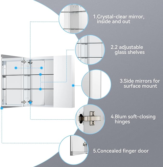 Sunrosa Medicine Cabinet with Mirror, 36" W x 31.5" H, 2 Asymmetrical Doors, Wall-Mounted & Recessed Bathroom Medicine Cabinet with Tempered Glass Mirror