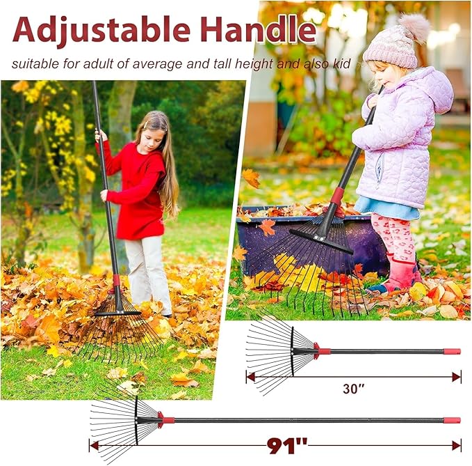 91 Inch Rake for Leaves , Adjustable 18 Tines with Expandable Head 9-18in Grass Rake Heavy Duty Metal Rakes for Women Children Yard Gardener Gardening Grass Debris Lawns