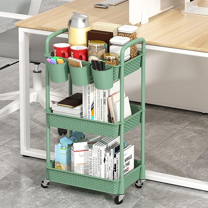 MOYIPIN 3-Tier Plastic Rolling Utility Cart with Handle,Utility Storage Cart for Office, Living Room, Kitchen,Movable Storage Organizer Shelves,Green with 6 Hanging Cups