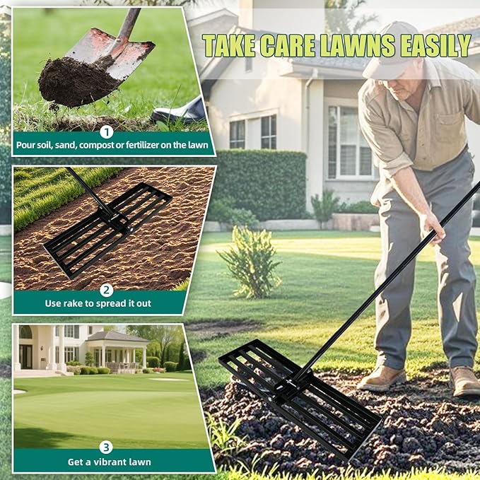 Lawn Leveling Rake 30 x 10 Inch Stainless Steel Heavy Duty Ground Leveler, Flipping-Resistant Smooth Edge, Adjustable Handle 28–60 Inches for Backyard Landscape, Garden, Golf Course, Farm, Pasture.