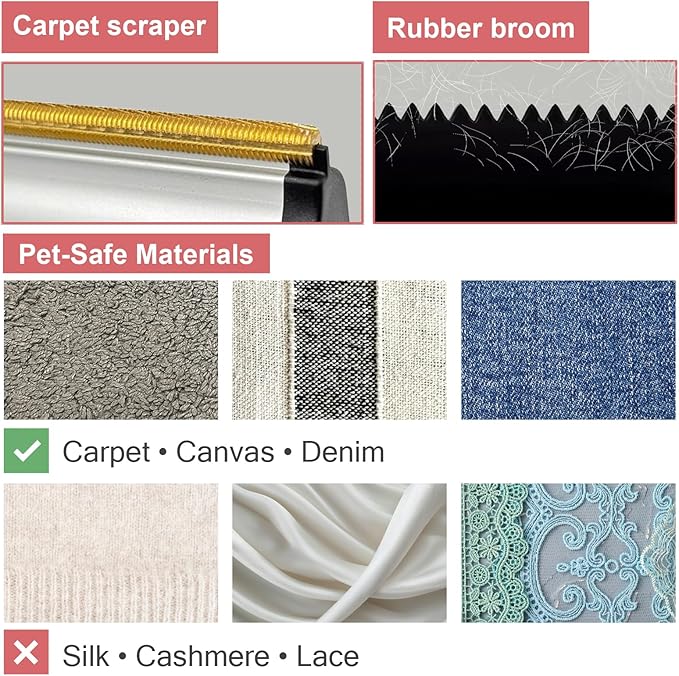 Carpet Rake for Pet Hair Removal - Dual Head Carpet Scraper & Rubber Broom with 50inch Handle for Carpet, Sofa, Car - Pet Hair Remover Tool for Cat & Dog