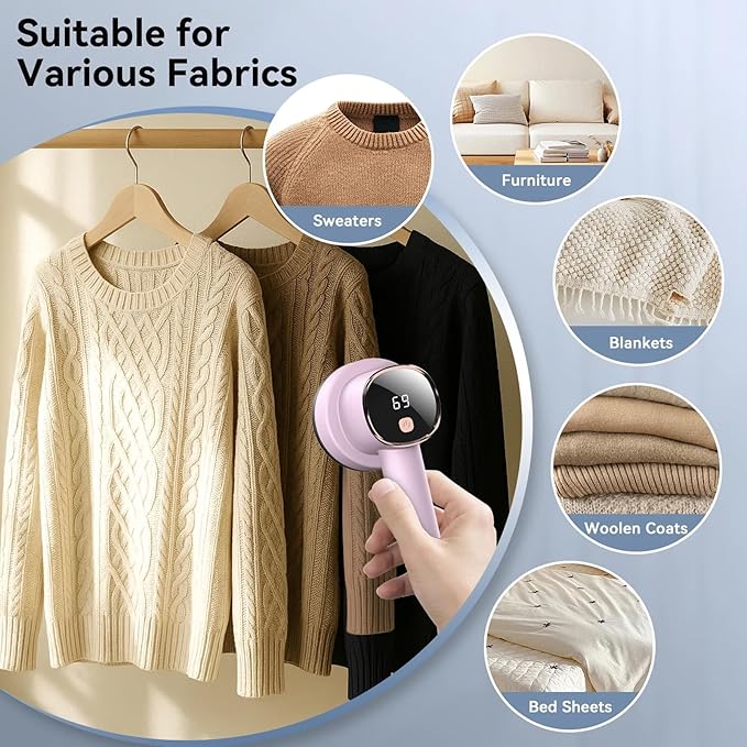 Fabric Shaver Lint Remover: Rechargeable Lint Shavers for Clothes with LED Display 3 Speeds and 6-Leaf Blades, Portable Electric Lint Shaver to Remove Fuzz Ball Pilling from Sweater Furniture