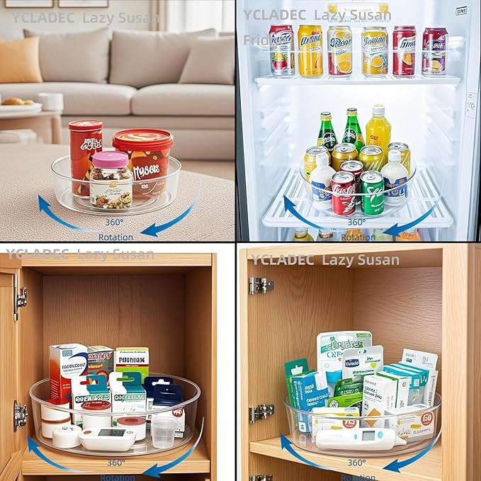 4 Pack Lazy Susan 11.5" Inch Turntable Organizer Organization Storage Container Bins Spice Rack Cabinet Rotating Condiment for Pantry Countertop Kitchen Vanity Bathroom Jewelry Holder Clear