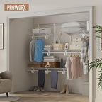 PROWORX 5-8 Ft Closet Organizer System, White Adjustable Custom Metal Wire Shelving Wall Mounted, Expandable Organization and Storage Shelf Kit with Hanging Rods