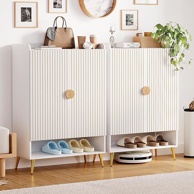 COSIEST 43" 7-Tier Shoe Cabinet with Doors, Wooden Shoe Storage Cabinet with Adjustable Shelves, Freestanding Shoe Rack Organizer for Entryway, Hallway, Closet, Living Room, White