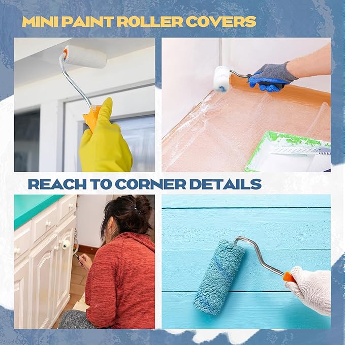Leumoi 300 Pcs 4 Inch Mini Paint Roller Cover 1/2" Nap Small Microfiber Roller Covers Home Repair Tools House Household Supplies Kit(Blue, White)