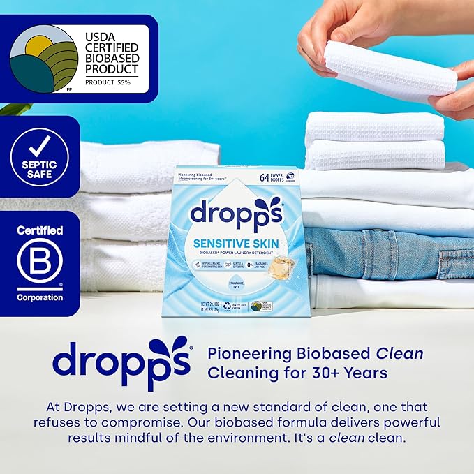 Dropps Sensitive Skin Laundry Detergent Pods, Unscented (160 Count) - Dermatologist Tested Laundry Pods - HE Compatible Laundry Supplies for Clean Clothes, Vegan & Dye-Free