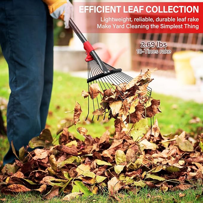 Rake for Leaves - Metal Leaf Rake for Lawn & Narrow Beds with Expandable Head 9-17", 75" Adjustable Long Handle for Children Adults No Pain Gardening, Portable Camping Rakes, Threaded Quick Install