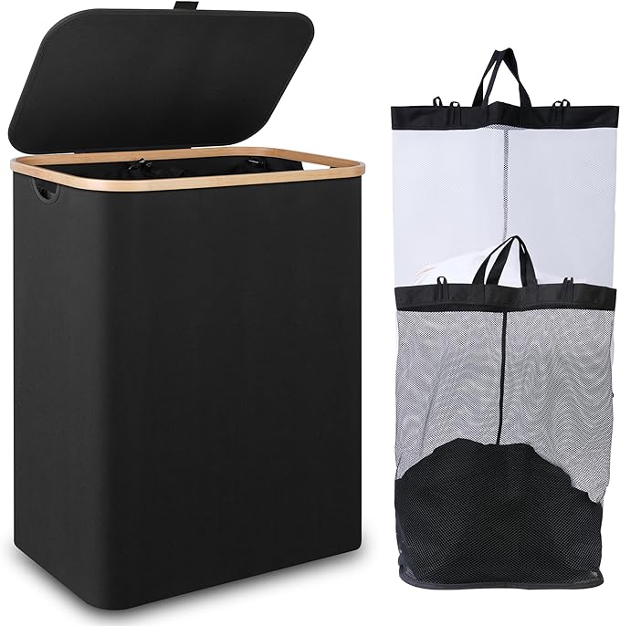 iEGrow 150L Laundry Basket with Lid,Large Laundry Hamper with Bamboo Handles, Hampers for Laundry, Dirty Clothes Hamper with 2 Removable Inner Bags for Clothes Toys Towels,Black