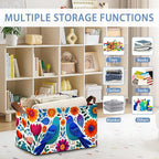 Colorful Bird Flowers Collapsible Storage Box,Mexican Style Organizer Bin with Handles for Room Decoration,Bins Book Basket Box 17x11.5x10Inch
