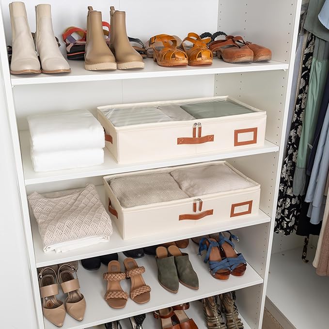 OrganiHaus Under Bed Storage Containers, Bedroom Storage and Organization Bins, Clothes Organizer for Closet with Clear Cover and Reinforced Handles - Set of 2 23.5x12.5x5 inches Off-White