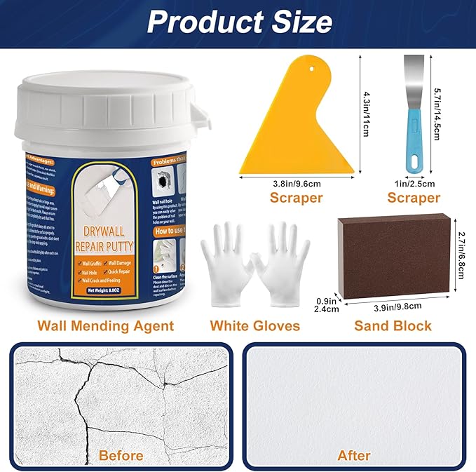 Drywall Repair Kit 8.8OZ Spackle Wall Repair Kit with Scraper Sanding Pad to Quick Fix Wall Surface Holes and Creak Damage Wall Mending Agent for Home Wall Putty Plaster Dent Wood Scratch Repair