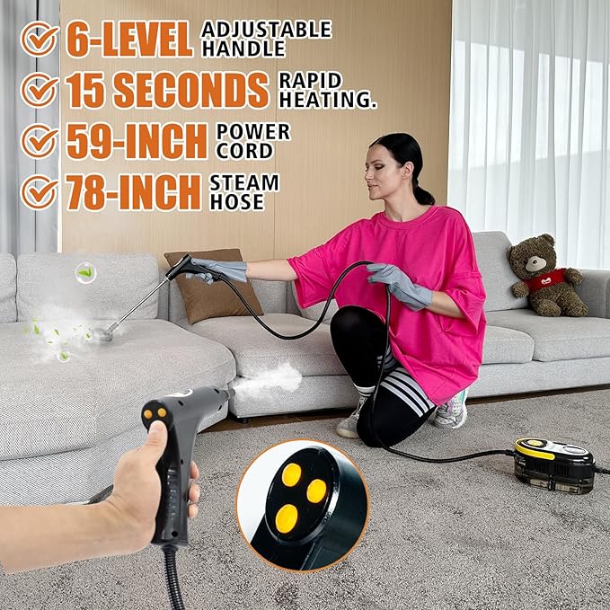 Steam Cleaner,Handheld Steam Cleaner for Home,Adjustable Handle,10s Heat-Up 40.58oz Tank,Portable Steamer for Cleaning for Dirt,Grease, kitchens,bathrooms,Grout,Tile,Bed Bugs,Floor,Couch and Car