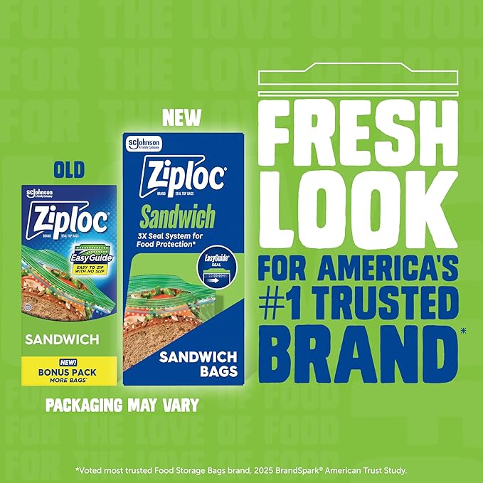 Ziploc Sandwich and Snack Bags, Easy Open and Close, Plastic Food Storage Bags, 50 Bags Total (Packaging May Vary)