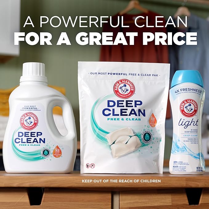 ARM & HAMMER Deep Clean Free & Clear Liquid Laundry Detergent, Free of Dyes, Perfumes and Phosphates, Suitable for Sensitive Skin, Dermatologist Tested, 102 Fl Oz, 68 Loads