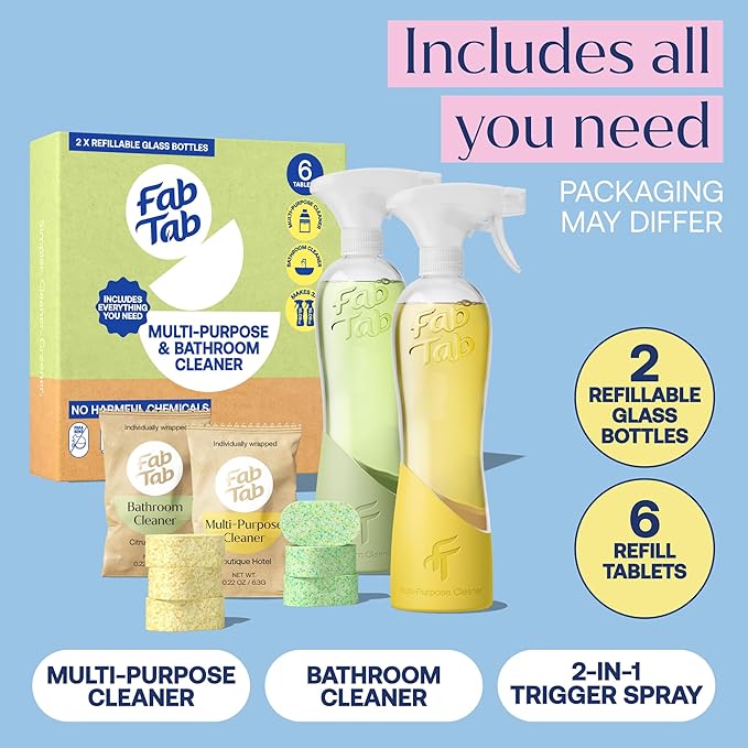 Fab Tab Tablet Cleaner, Multi-Purpose & Bathrom Cleaner for Eco-Concious Cleaning, Non Harmful & Chemical-Free Formula, Convenient Refills with 2 Glass Bottles, Luxury Hotel Scent (6 Refill Tablets)