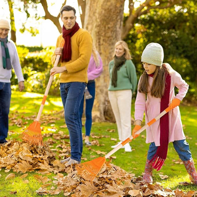 4 Pcs 35'' Kids Rakes for Leaves - Plastic Rake Head with 4 Pairs Kids Gloves, Small Kids Lawn Rakes Detachable Wooden Handle, Autumn Garden Tool Set for Kids Boys and Girls, Orange, 3yr+