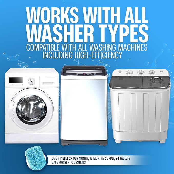 Sudstainables Washing Machine Cleaner Tablets (24-Pack) – Deep Clean for Front or Top Load Washers, Removes Odor, HE Washer and Septic Safe Cleaning Solution for Long-Lasting Freshness