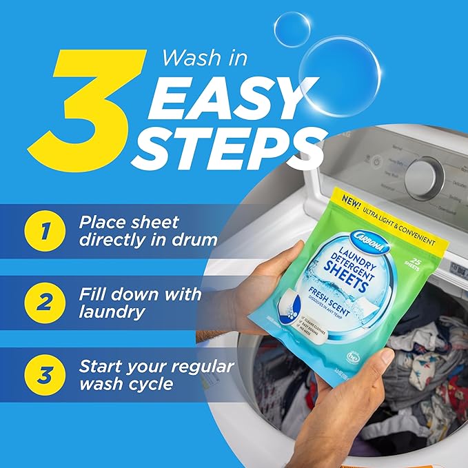 Carbona Laundry Detergent Sheets | Eco-Friendly Washing Detergent | Up to 50 Loads (25 Sheets) | Stain Remover | Fresh Scent