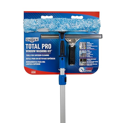 Unger Professional Connect and Clean Total Pro Cleaning Kit, All-in-One Household Window Washing with Streak-Free Results, Includes 12” Squeegee, 14” Scrubber Washer, Telescopic Pole Extends Up to 6’