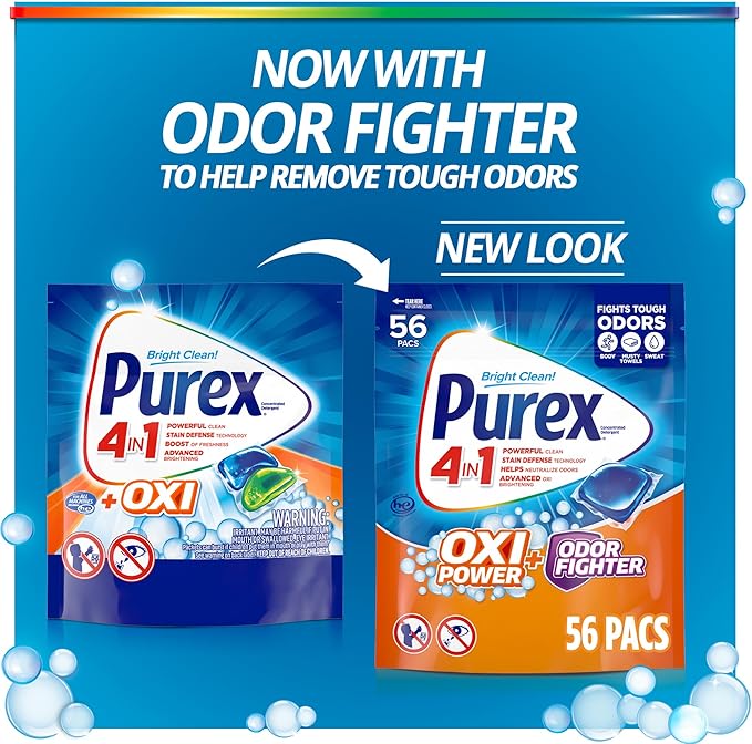 Purex 4-in-1 Laundry Detergent Pacs, Oxi Power + Odor Fighting, Powerful Clean, Stain Defense Technology, Helps Neutralize Odors, Advanced Oxi Brightening, Boost of Freshness