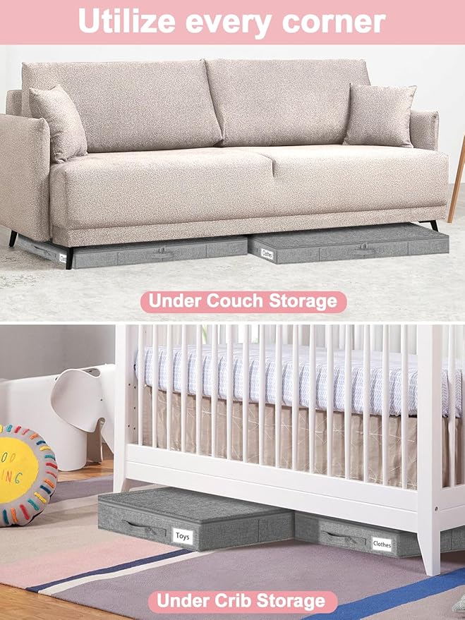 Low Profile Under Bed Storage Containers, 4" Tall Underbed Storage with Rigid Sidewalls & Bottom, Shallow Clothes Storage Organizer Bin with Lid for Couch Sofa Dorm, 2-Pack, 33.5 x 16 x 4 Inches Grey