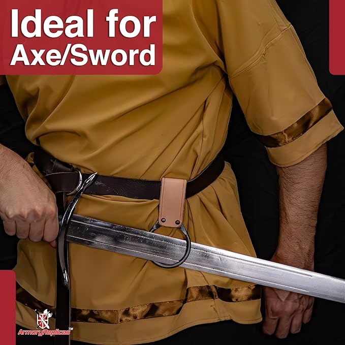 Armory Replicas - Hand Forged Medieval Viking Battle Axe Holder - Genuine Bovine Leather Functional Costume O-Ring Weapon Belt Holster