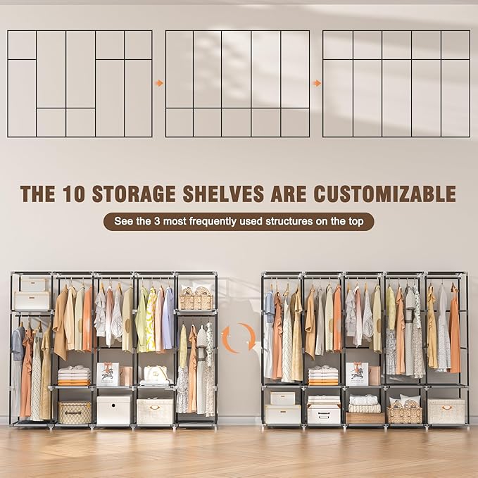 Portable Closets for Hanging Clothes, 83 Inch Large Capacity Wardrobe Closet, Freestanding Armario De Ropa Closet with Cover & 5 Hanging Rods & 10 Storage Shelves (Grey)